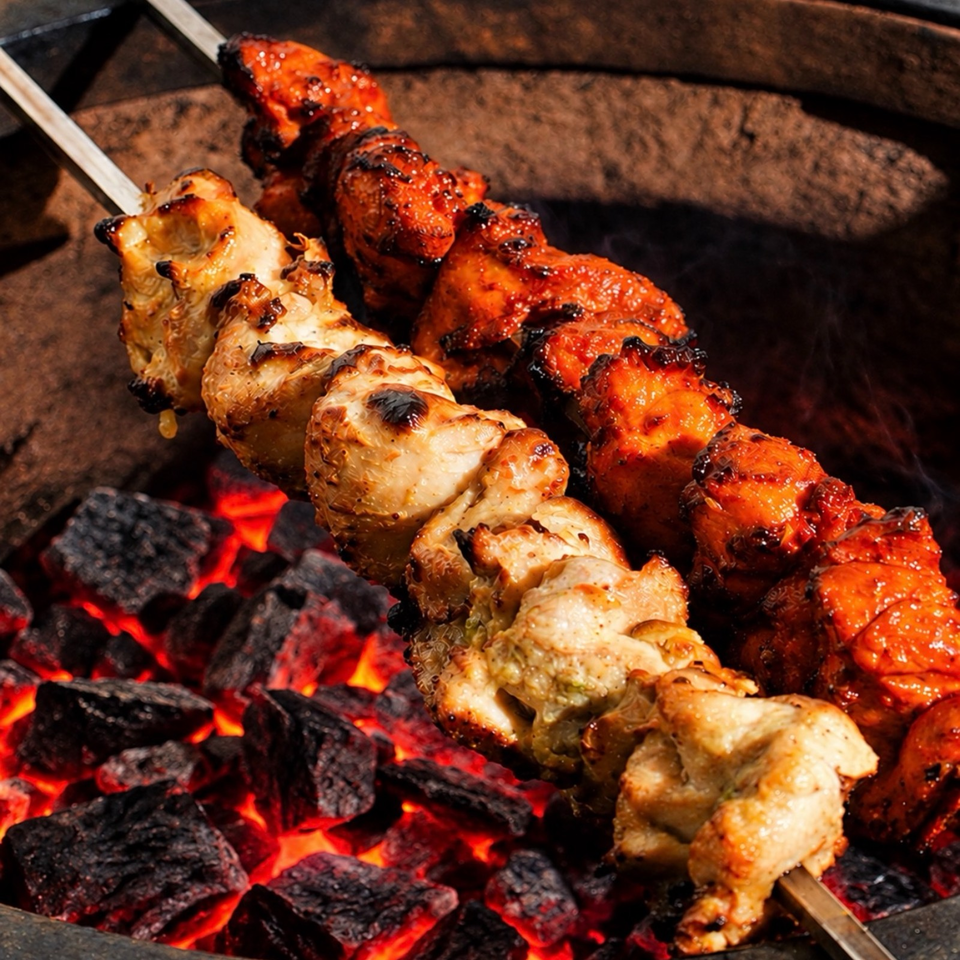 Skewers of grilled chicken and red-marinated meat roasting over glowing charcoal embers.