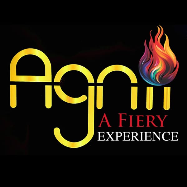 Agnii A Fiery Experience logo with golden text and a colorful flame icon on a black background.
