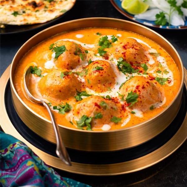 Agnii's Indian Malai Kofta, rich orange curry with cream, cilantro, and spices in a brass bowl.