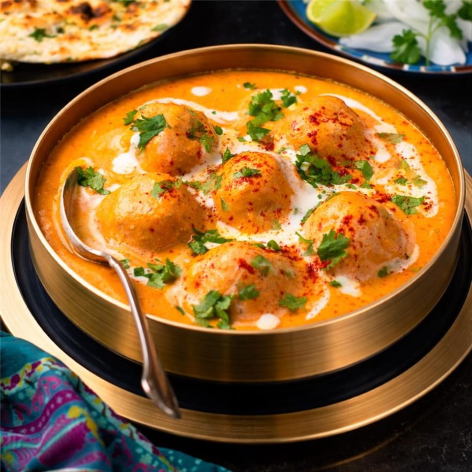 Agnii's Indian Malai Kofta, rich orange curry with cream, cilantro, and spices in a brass bowl.