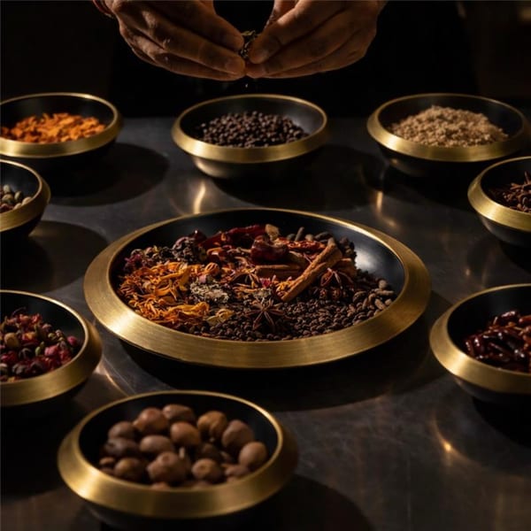 Hands sprinkle spices into bowls of various Indian ingredients like star anise, cinnamon, and peppercorns.
