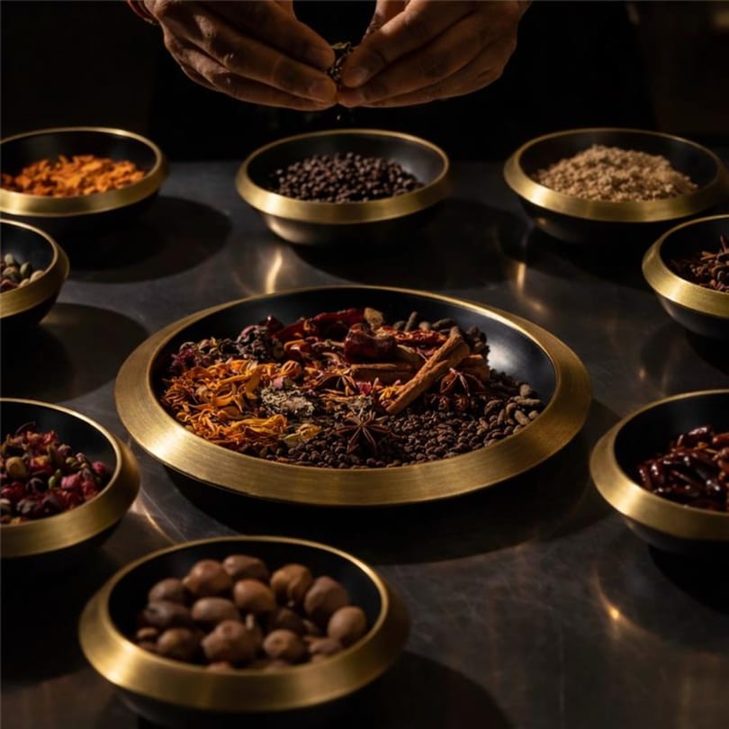 Hands sprinkle spices into bowls of various Indian ingredients like star anise, cinnamon, and peppercorns.