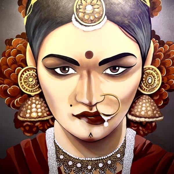 Stylized painting of an Indian woman with dark hair, elaborate gold jewelry, and a nose ring.