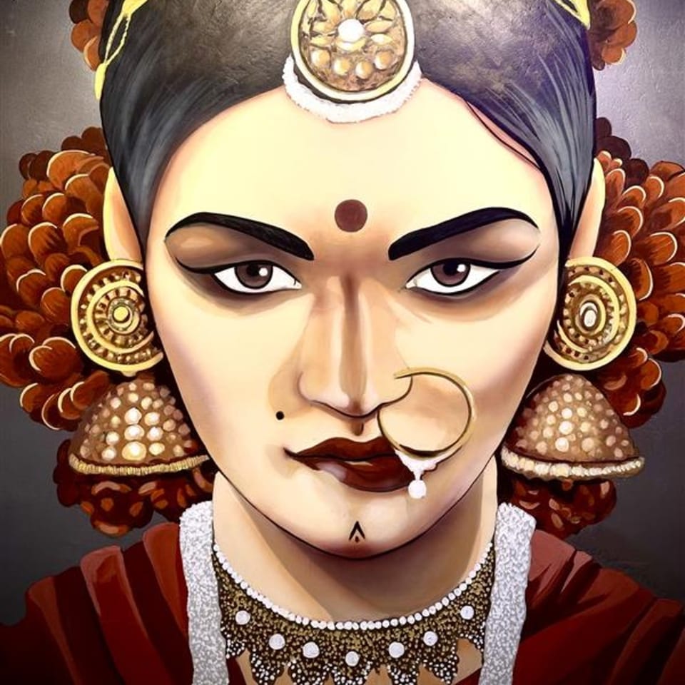 Stylized painting of an Indian woman with dark hair, elaborate gold jewelry, and a nose ring.