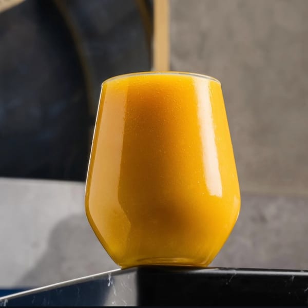 A vibrant orange mango lassi in a modern glass sits on a dark marble surface.